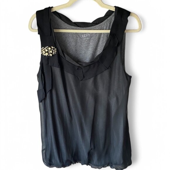 LOFT black gray chiffon overlay bling sleeveless top M whimsigoth glam retro - Picture 1 of 11